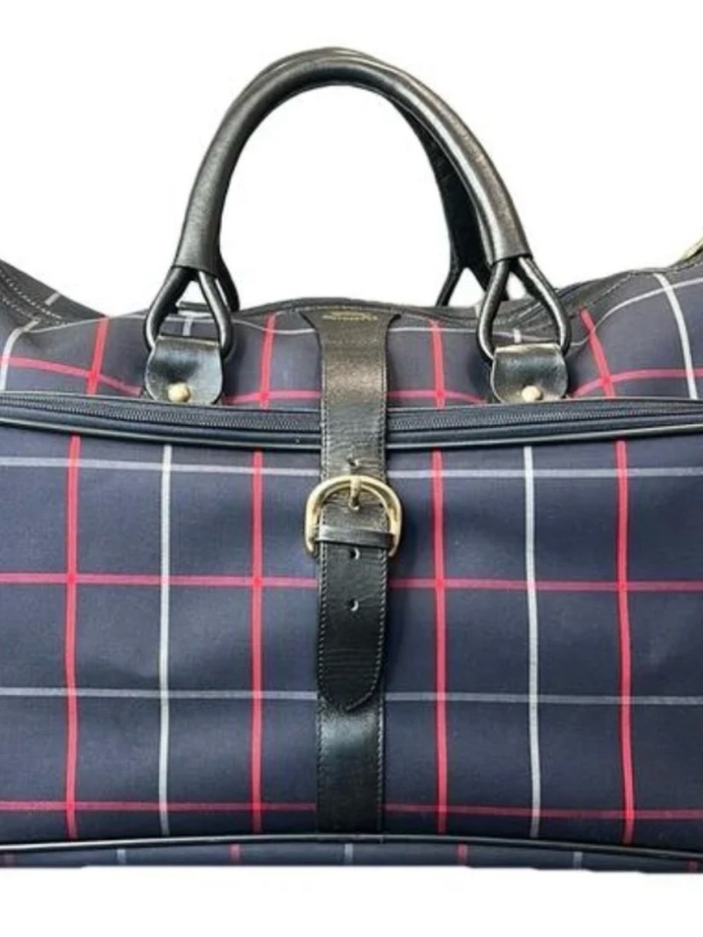 Burberry Navy Duffel Bag with Red and White Plaid